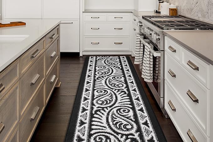 Custom Length Cut to Size Tribal Ethnic Southwestern Inspired Hallway Runner Rug, Non Slip Rubber Backed, 31 inch Wide X Customized Length, Mayan Black, 31 inch X 6 feet