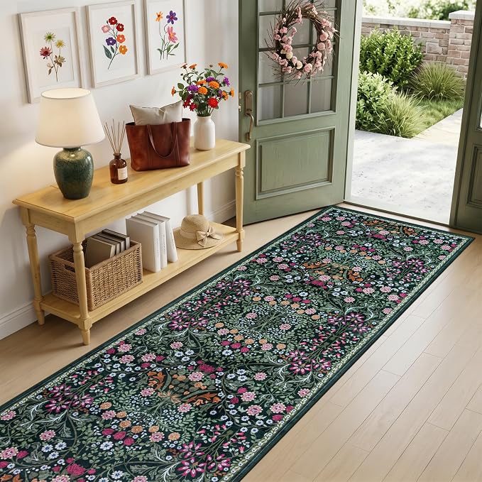 PLHXFR 3x10 Washable Runner Rug：Floral Indoor Kitchen Carpet Dark Green | - Image 2