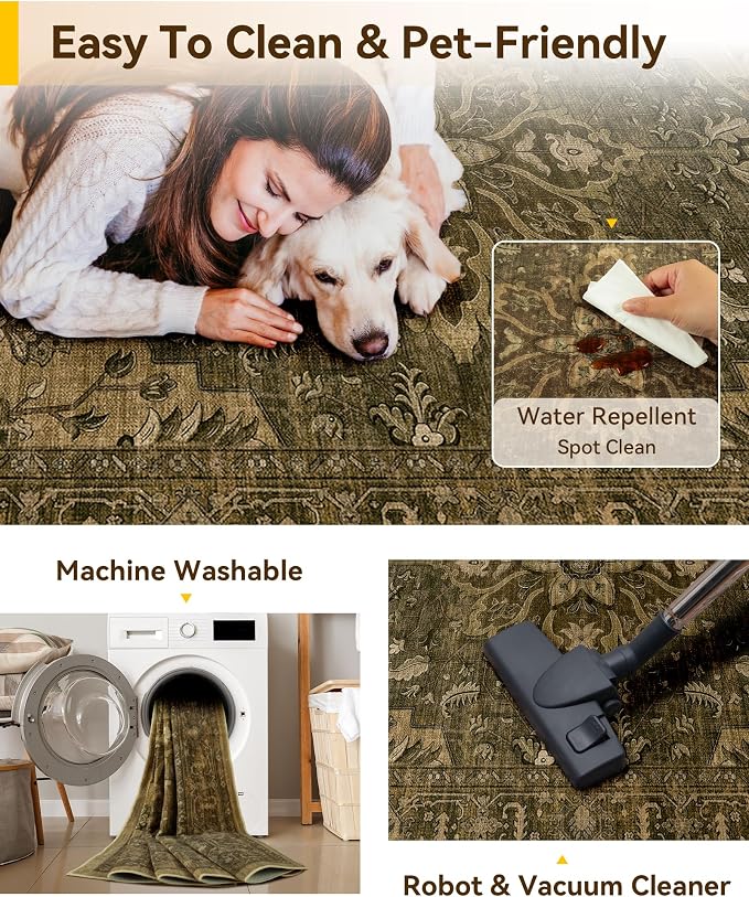 RELEANY Washable Area Rug, Water Repellent, Pet Friendly, Vintage Floral Boho - Image 5