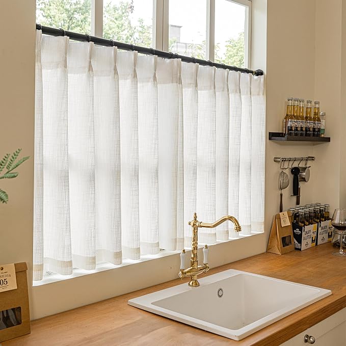 Cream Ivory Linen Pleated Light Filtering Curtains 30 Inch Length | Semi Sheer - Image 8