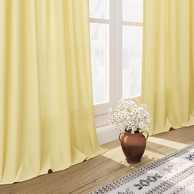 Yellow Linen Blend Drapes 84 Inch Length 2 Panels Set Back Tab Rod Pocket Light - Image 6
