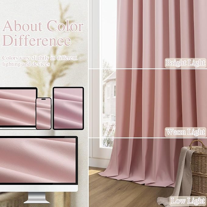 Pink 100% Blackout Linen Curtains 102 Inch 2 Panels Set - Image 7
