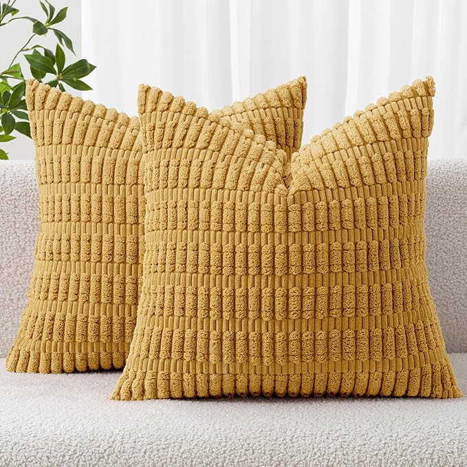 MIULEE Corduroy Decorative Throw Pillow Covers 18x18 Yellow Pack of 2 | Soft by MIULEE