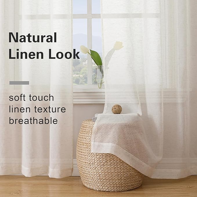 Simplebrand Natural Linen Textured Sheer Curtains 72 inches Long 2 Panels - Image 3