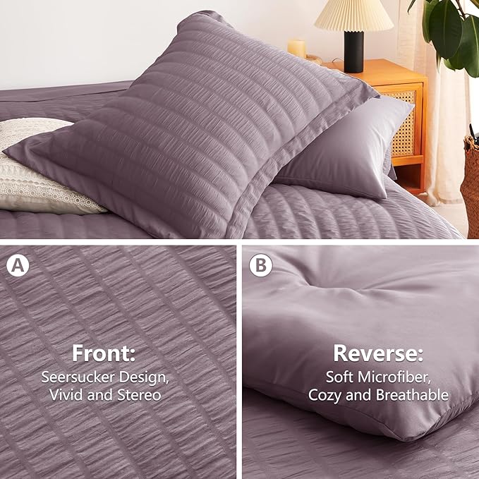 CozyLux King Size Comforter Set Dusty Purple Seersucker 7 Pieces Bed in a Bag King Comforter Set with Sheets, Luxury Bedding Set with Down Alternative Comforter, Sheets, Pillowcases & Shams All Season