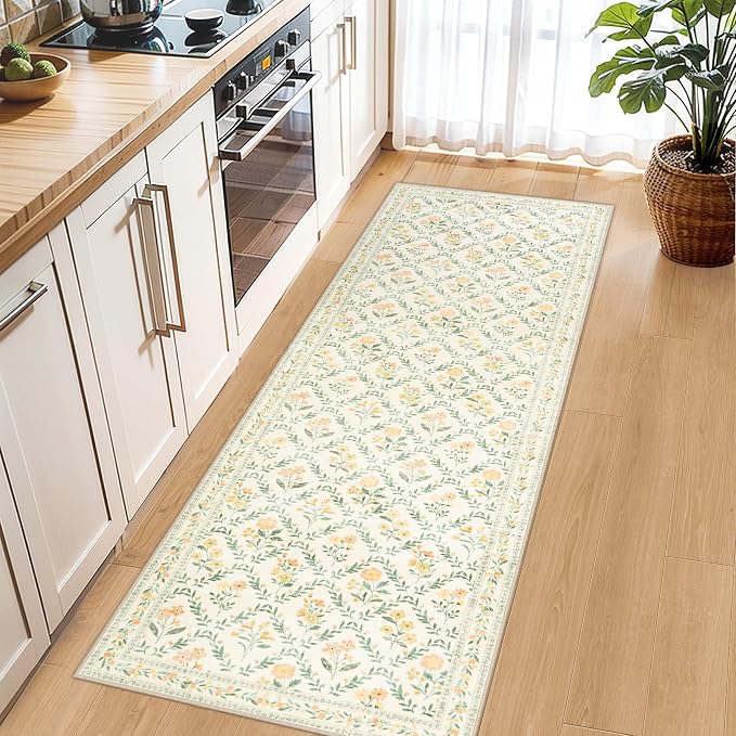 PLHXFR 2x6 Washable Runner Rug：Floral Indoor Kitchen Carpet Beige Multi | - Image 6