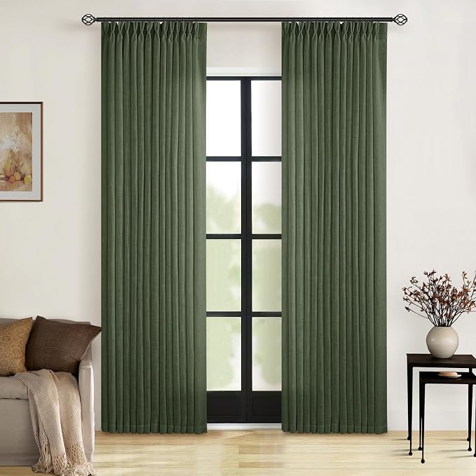 80 Inches Long Olive Green Pinch Pleat Thick Linen Curtains by Twodrapes