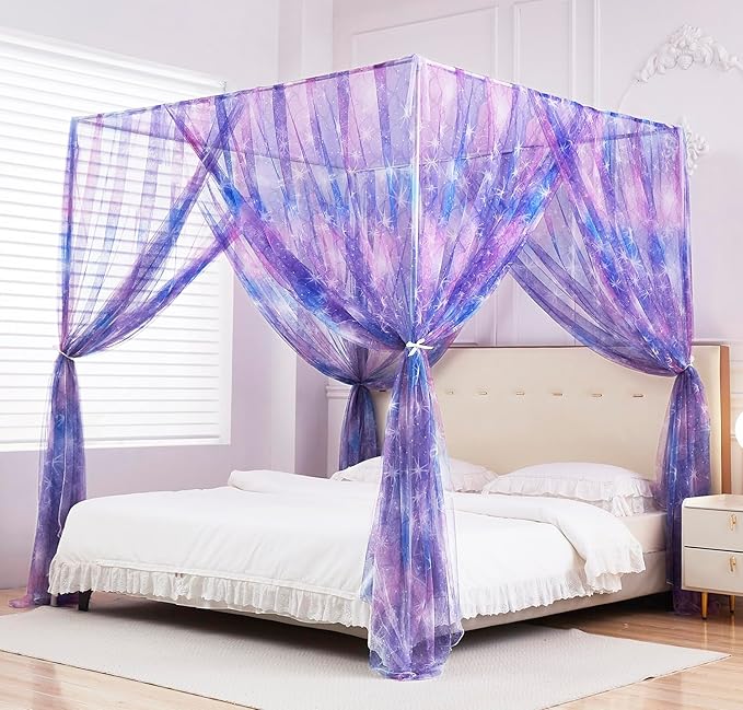 Mengersi Tie Dye Canopy Bed Curtains with Lights,Gradient Ombre Bed Canopy for Girls,Canopy for Bed Princess Bed Drapes for Girls Room Decor(Twin,Purple)