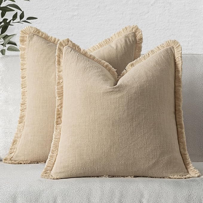 MIULEE Boho Linen Fringe Decorative Throw Pillow Covers Beige 20x20 | Set of 2 by MIULEE