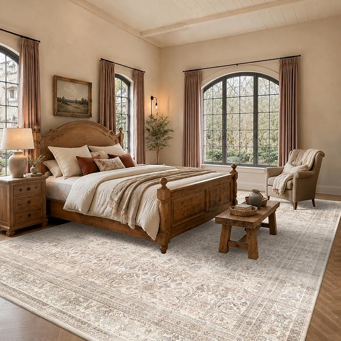 Schweek 10x14 Washable Large Area Rug Beige Neutral Vintage Distressed Rugs | - Image 3