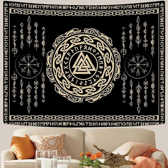 OSUNBD Nordic Viking Tapestry Wall Hanging - Large 93x71 inches Soft Flannel with Valknut, Celtic Runes & Norse Mythology Scandinavian for Bedroom, Living Room Decor