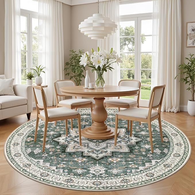 Round Area Rug for Living Room: 8ft Boho Washable Rug Green Ivory | Vintage - Image 3