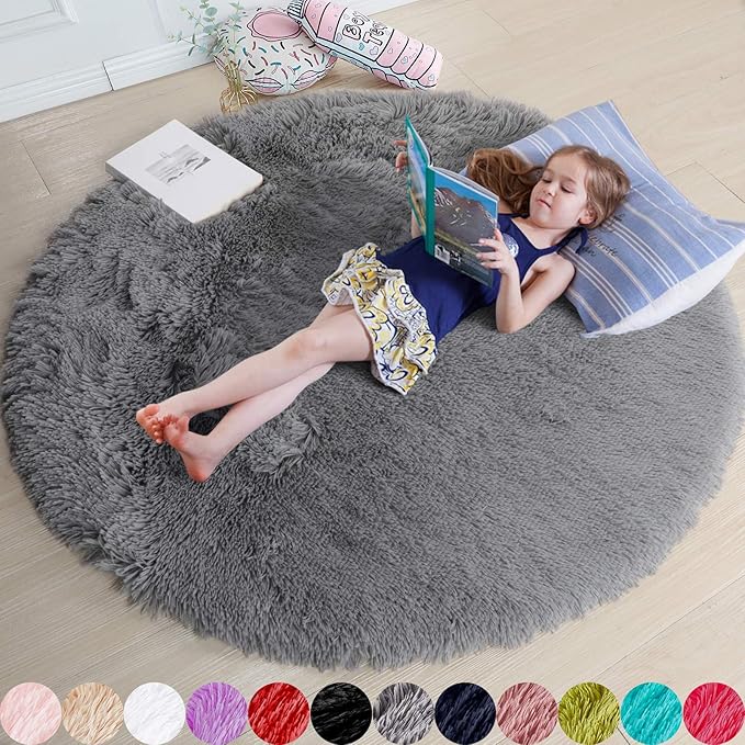 Amdrebio Grey Round Fluffy Area Rug 5Ft by Amdrebio