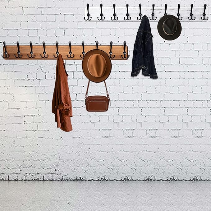 WEBI Rustic Coat Rack Wall Mounted,Wood Coat Hanger Wall,5 Coat Hooks,16" Hole to Hole,Hook Rack Rail,5 Triple Hooks for Hanging Jacket,Clothes,Hats,Entryway,Brown,2 Packs