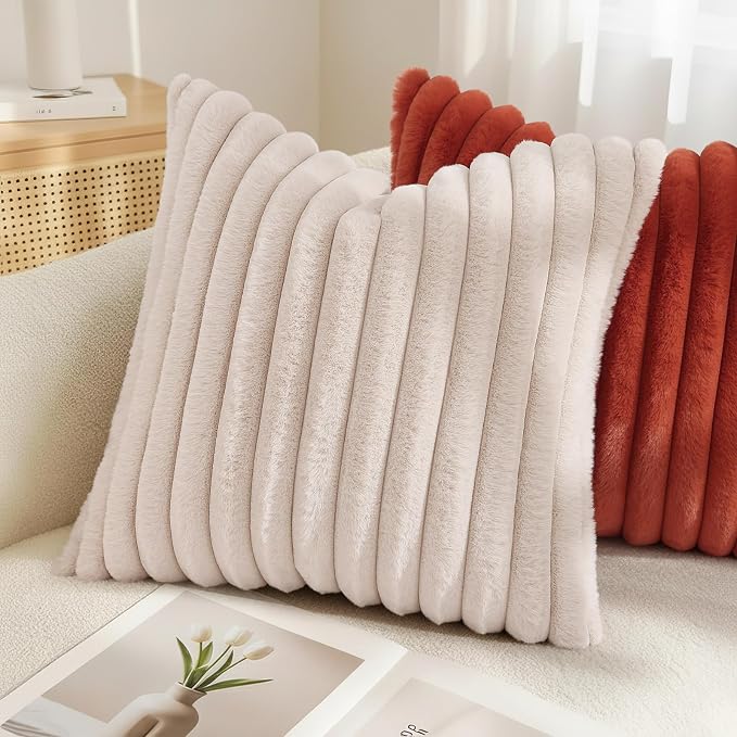 decorUhome Fall Faux Fur Throw Pillow Covers 18x18 Set of 2 Beige | Decorative - Image 4