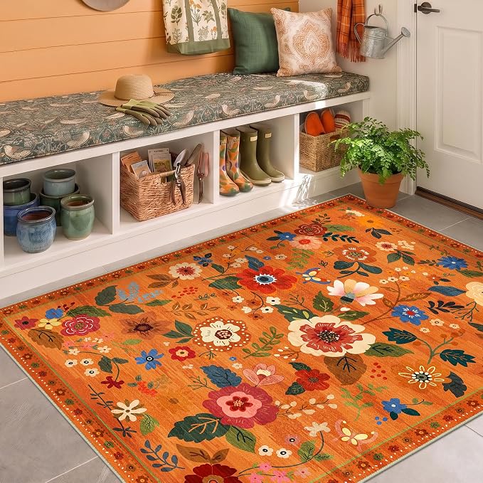 RELEANY Floral Washable 4x6 Area Rugs BurntOrange | Flower Carpet Print Boho by RELEANY
