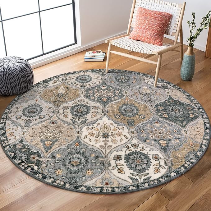 Lahome Moroccan Washable Round Rugs, Soft Vintage Round Rug 4ft | Distress by Lahome