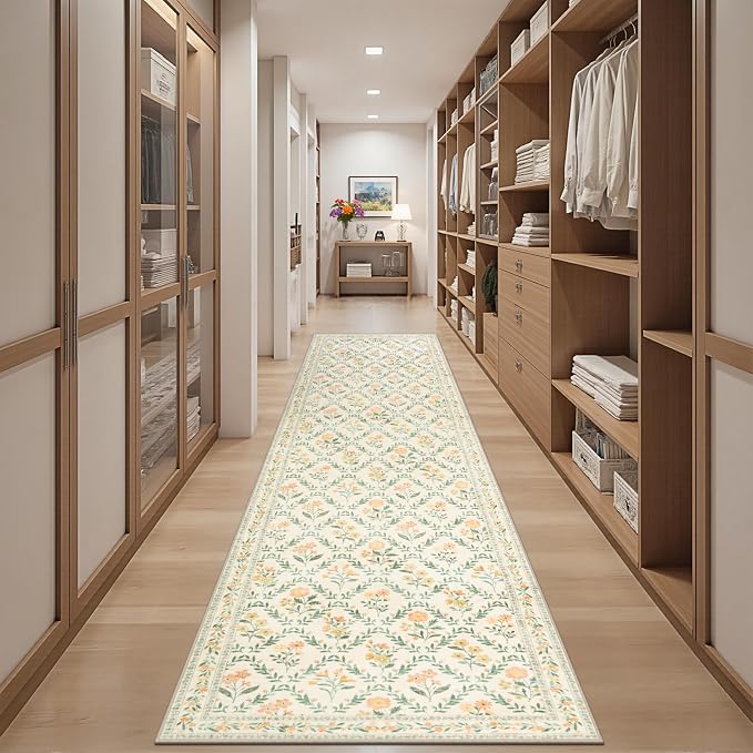 PLHXFR 3x10 Washable Runner Rug：Floral Indoor Kitchen Carpet Beige Multi | - Image 5