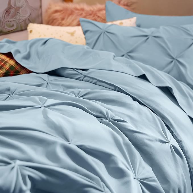 Bedsure Twin Comforter Set Light Blue - Bed in a Bag Twin Size Bedding 5 Pieces, GentleSoft™ Pintuck Bed Set Gift for Family, Pinch Pleat Light Blue Comforter with Sheets, Pillowcase & Sham