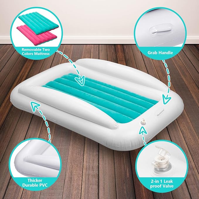 Inflatable Toddler Travel Bed, Portable Toddler Bed | Kids Air Mattress with Sides | Reversible 2 Colors Kids Blow Up Mattress -Mint Green & Pink