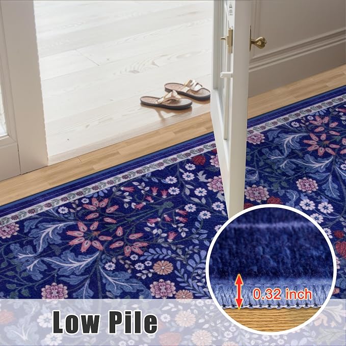 PLHXFR 2.6x8 Washable Runner Rug：Floral Indoor Kitchen Soft Carpet Blue | - Image 9
