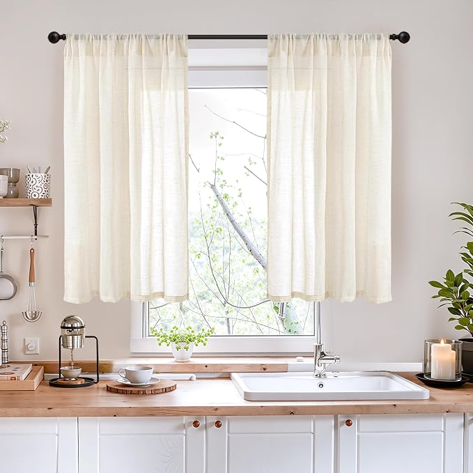 BGment Beige Linen Semi Sheer Curtains 42X40 Inch Length 2 Panels | Cream Light - Image 2