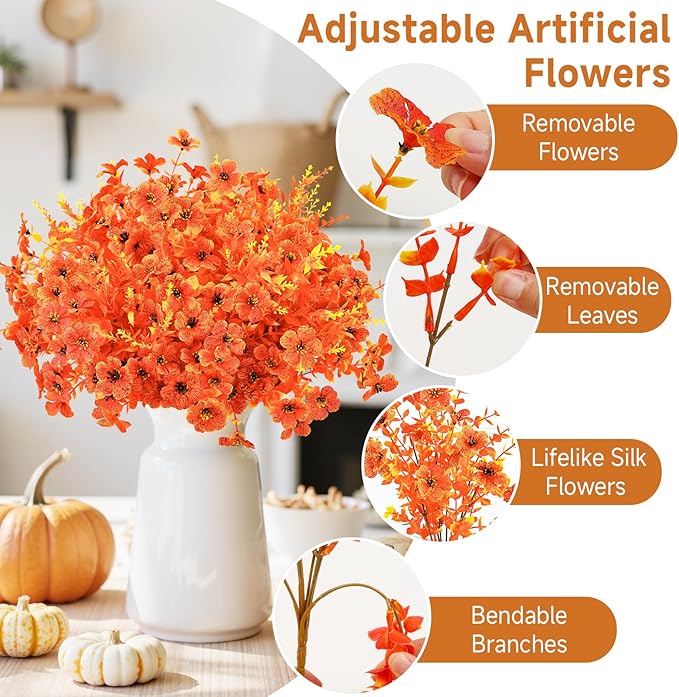 SHareconn 48 Bundles Artificial Fall Flowers for Outdoors Decoration, UV Resistant Silk Eucalyptus Lavender Faux Autumn Fake Plants for Outside Indoor Garden Yard Porch Home Decor, Sunset Red Orange