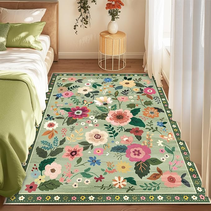 RELEANY Floral Washable 3x5 Area Rugs LightGreen | Flower Carpet Print Boho - Image 8