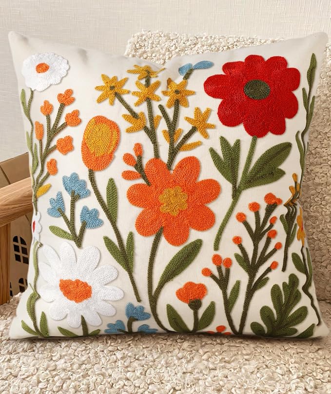 Embroidered Throw Pillow Cover 18x18 Inch, Flower Cluster | Decorative Pillow by Kokaaee