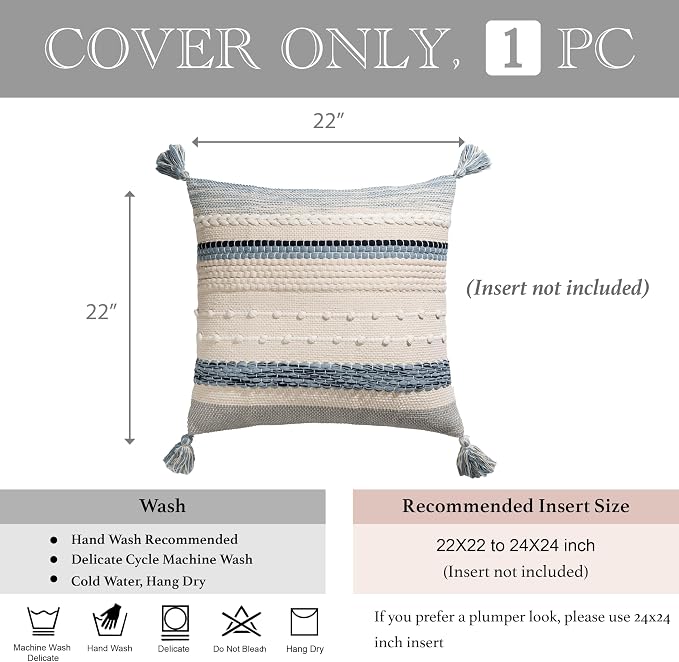 Coastal Blue Boho Decorative Throw Pillow Cover 22x22 Modern Bohemian Accent - Image 5