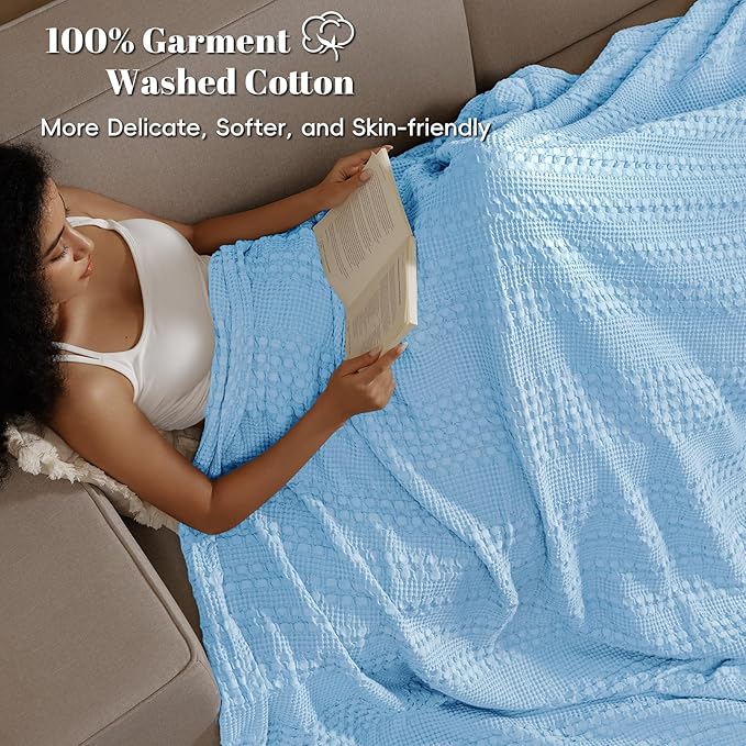 PHF 100% Cotton Waffle Weave Blanket King Size for Bed, Soft Lightweight & Breathable, All-Season Comfort, Luxury Aesthetic Woven Bedding for Home Decor, 108"x90", Sky Blue