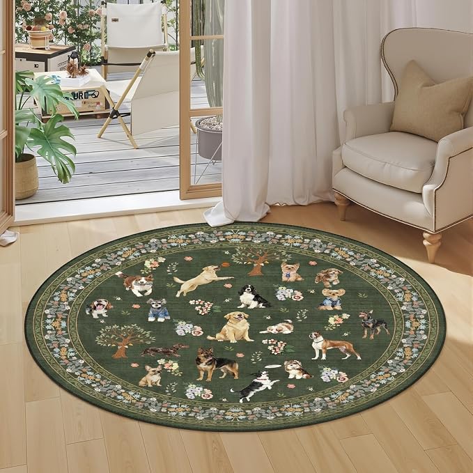 4Ft Round Dogs Area Rug for Living Room Bedroom | Stain Resistant; Non Slip; - Image 5
