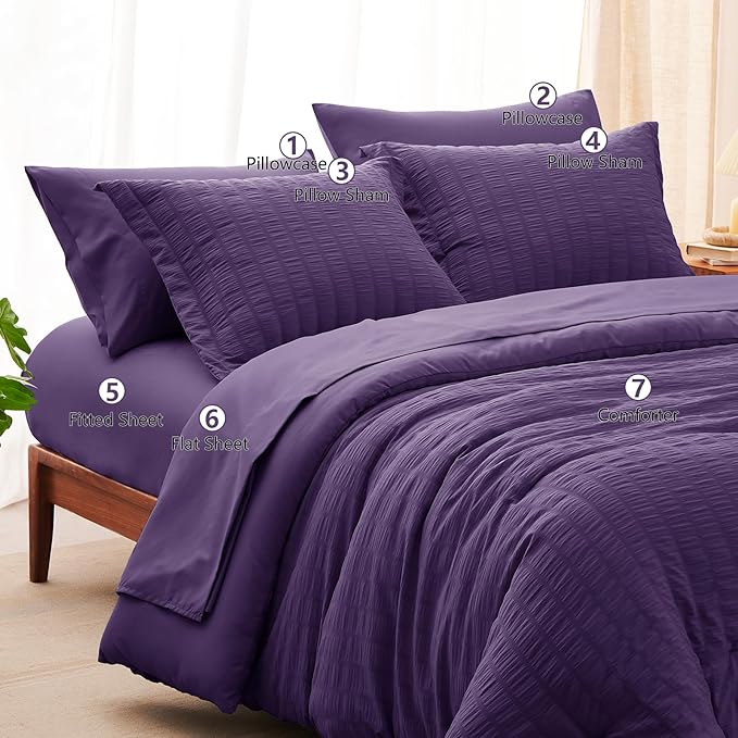 CozyLux King Size Comforter Set Purple Seersucker 7 Pieces Bed in a Bag King Comforter Set with Sheets, Luxury Soft Bedding Set with Down Alternative Comforter, Sheets, Pillowcases & Shams All Seasons