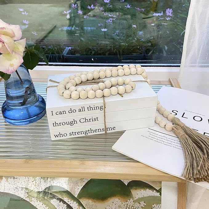 Decorative Books for Home Decor, White Faux Books for Decoration, Rustic Farmhouse Stacked Books with 52in Wood Bead Garland for Coffee Table Mantle Fireplace (I can do All Things Through Christ)