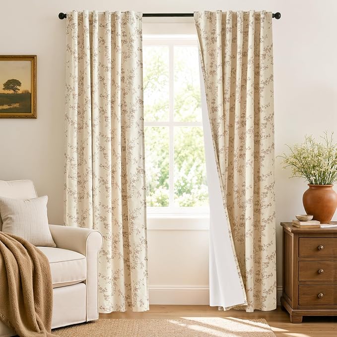 Blackout Vintage Floral Linen Curtains Taupe on Beige 50×84 2 Panels | Elisa by Lazzzy