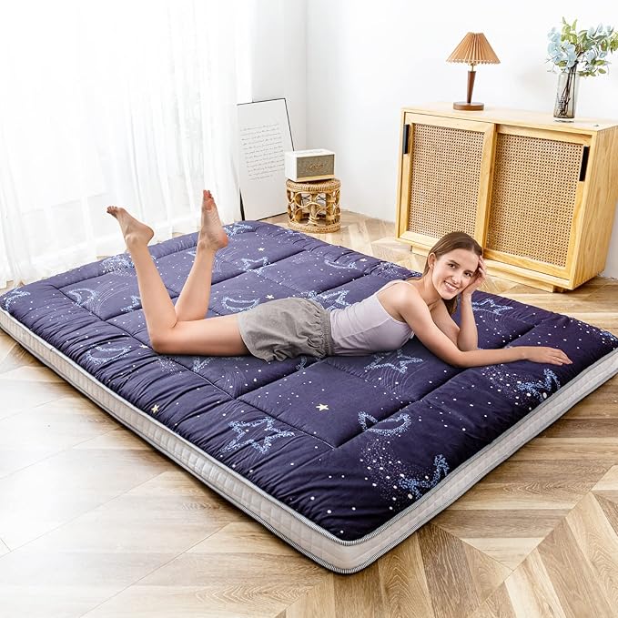 MAXYOYO Black Moon and Star Futon Mattress, Padded Japanese Floor Mattress Quilted Bed Mattress Topper, Extra Thick Folding Sleeping Pad Floor Lounger Guest Bed for Camping Couch, Queen