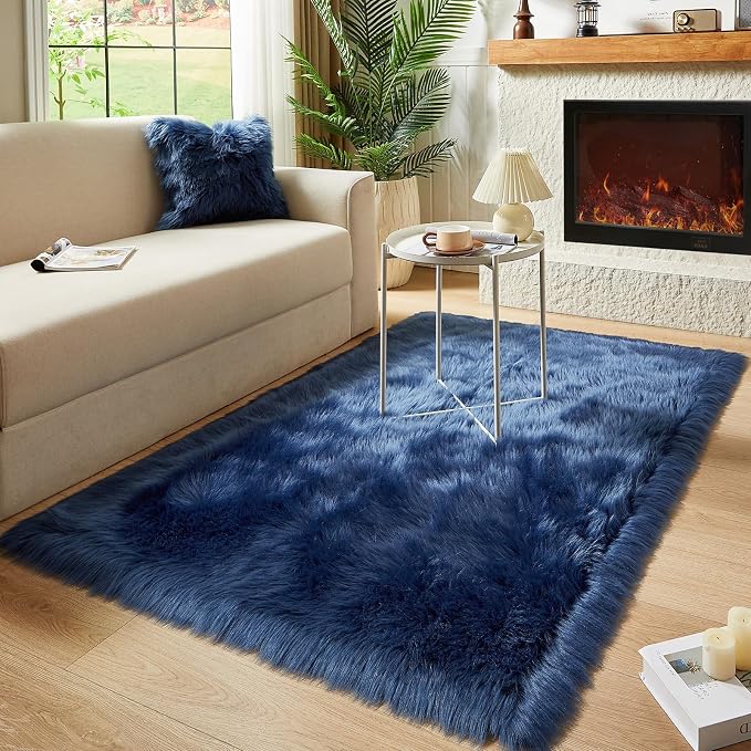 AMTOVO Faux Fur Sheepskin Rug for Living Room, 4 x 6 ft Dark Blue Fluffy Area - Image 7