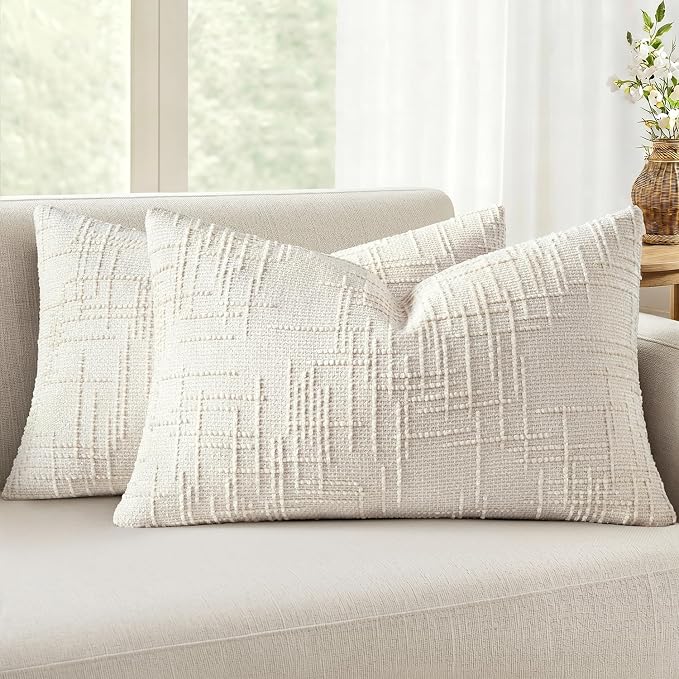 MIULEE Chenille Textured Lumbar Throw Pillow Covers Cream White 12x20 | Set of 2 by MIULEE