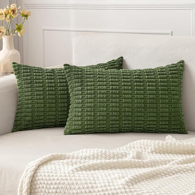 MIULEE Lumbar Corduroy Decorative Throw Pillow Covers 12x20 Moss Green | Pack by MIULEE