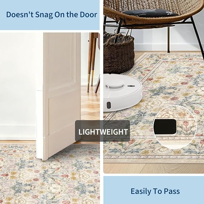 GarveeHome Beige Washable Area Rug 5x7, Retro Floral Low Pile Non Slip Living - Image 5