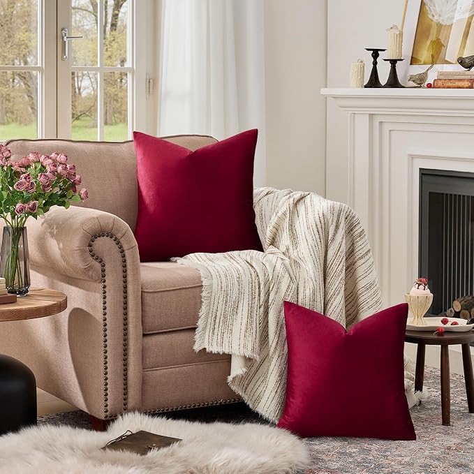 GIGIZAZA Burgundy Velvet Pillow Covers 22x22 Decorative Pillows Pack of 2 | Red - Image 3