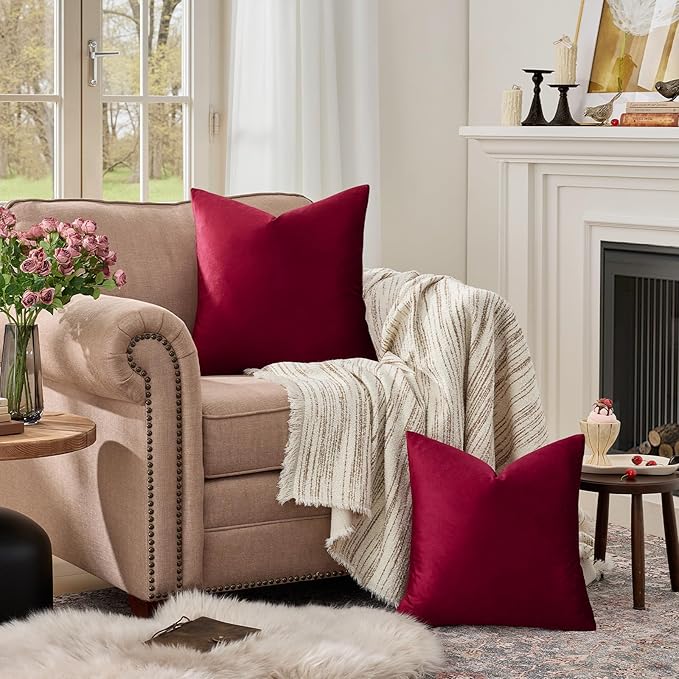 GIGIZAZA Burgundy Velvet Pillow Covers 26x26 Decorative Pillows Pack of 2 | Red - Image 3