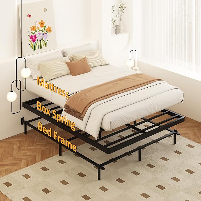 Queen Size Box Spring 2 Inch Low Profile, Heavy Duty Metal Box Spring Bed Base Bunkie Board, Mattress Foundation, Easy Assembly, Noise Free, Black