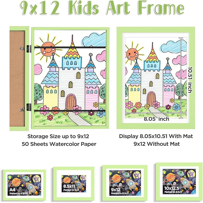 KINLINK 9x12 Kids Art Frames Set of 2, Solid Wood Kids Artwork Frames Changeable with Acrylic Front Opening Holds 150 Pictures, Art Frame for Kids Artwork with Mat or without Mat, Light Green
