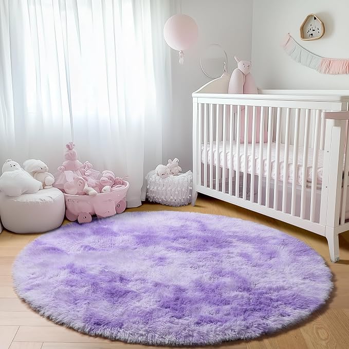Round Rugs 5ft for Bedroom Living Room, Tie-Dyed Purple Fluffy Circle Area Rug - Image 7