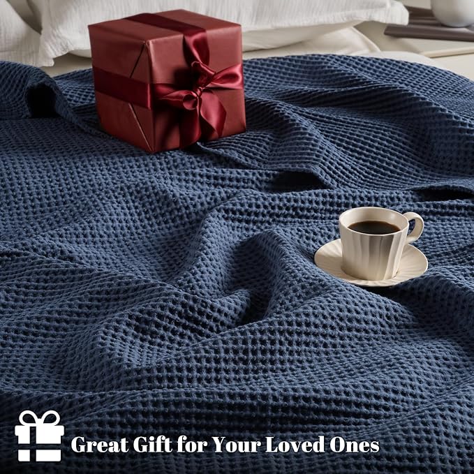 PHF 100% Cotton Waffle Weave Blanket King Size for Bed,Snag Proof Lightweight Breathable Moisture-Wicking Throw for Couch,Great for Layering in Cold Weather,Machine Washable,Home Decor Gift-Dark Navy