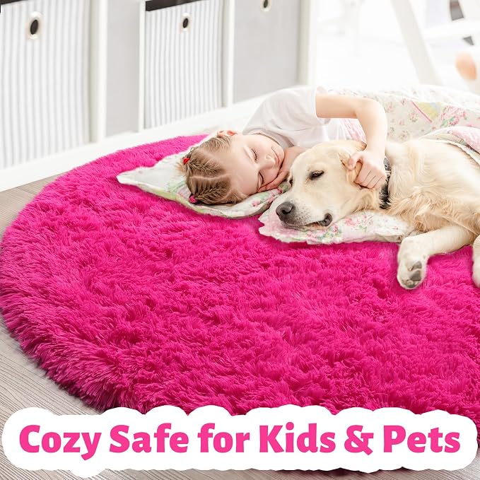 Amdrebio Hot Pink Fluffy Round Rug 4Ft - Image 2