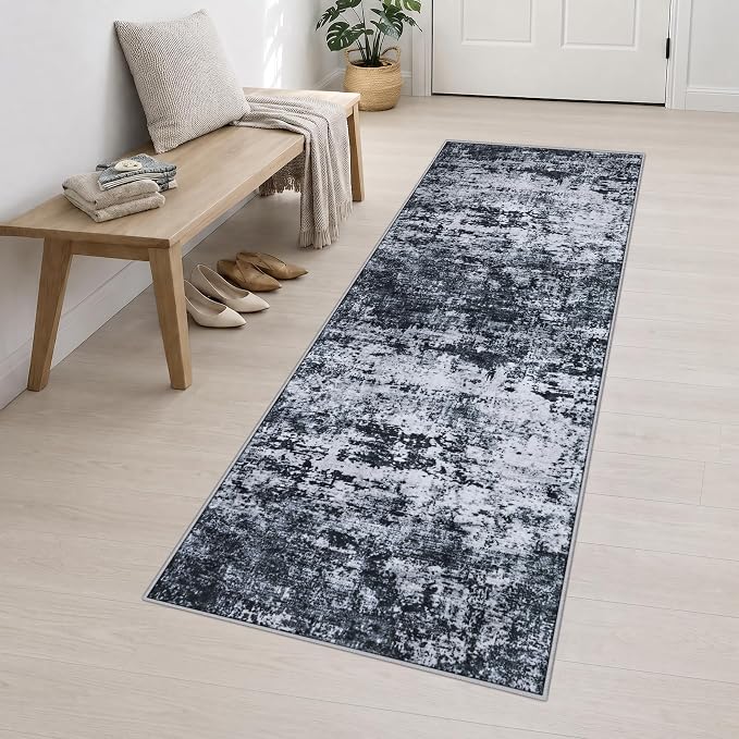 2.6x10 Washable Runner Rug:Modern Abstract Indoor Carpet Black | - Image 3