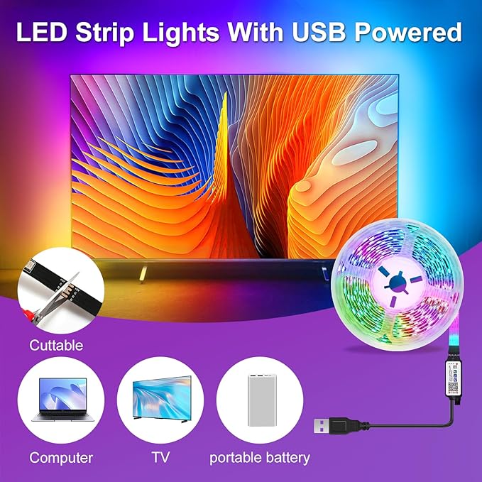 LED Strip Lights, 50ft Smart RGB Music Sync Bluetooth App & Remote Control, USB-Powered LED Lights for TV, Gaming, Bedroom, PC, Home Theater,Parlor,Room