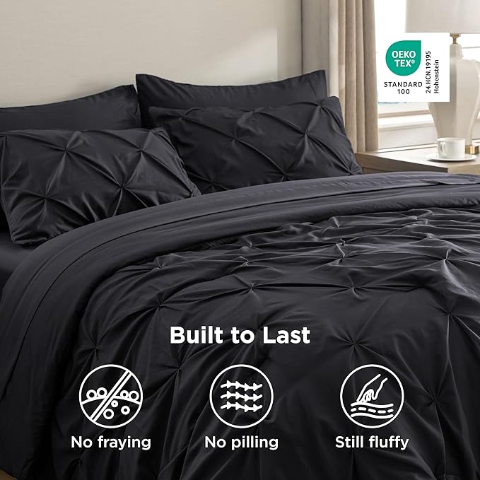 Bedsure California King Comforter Set Black - Bed in a Bag Cal King Bedding Set 7 Pieces, GentleSoft™ Pintuck Bed Set Gift for Family, Pinch Pleat Black Comforter with Sheets, Pillowcases & Shams